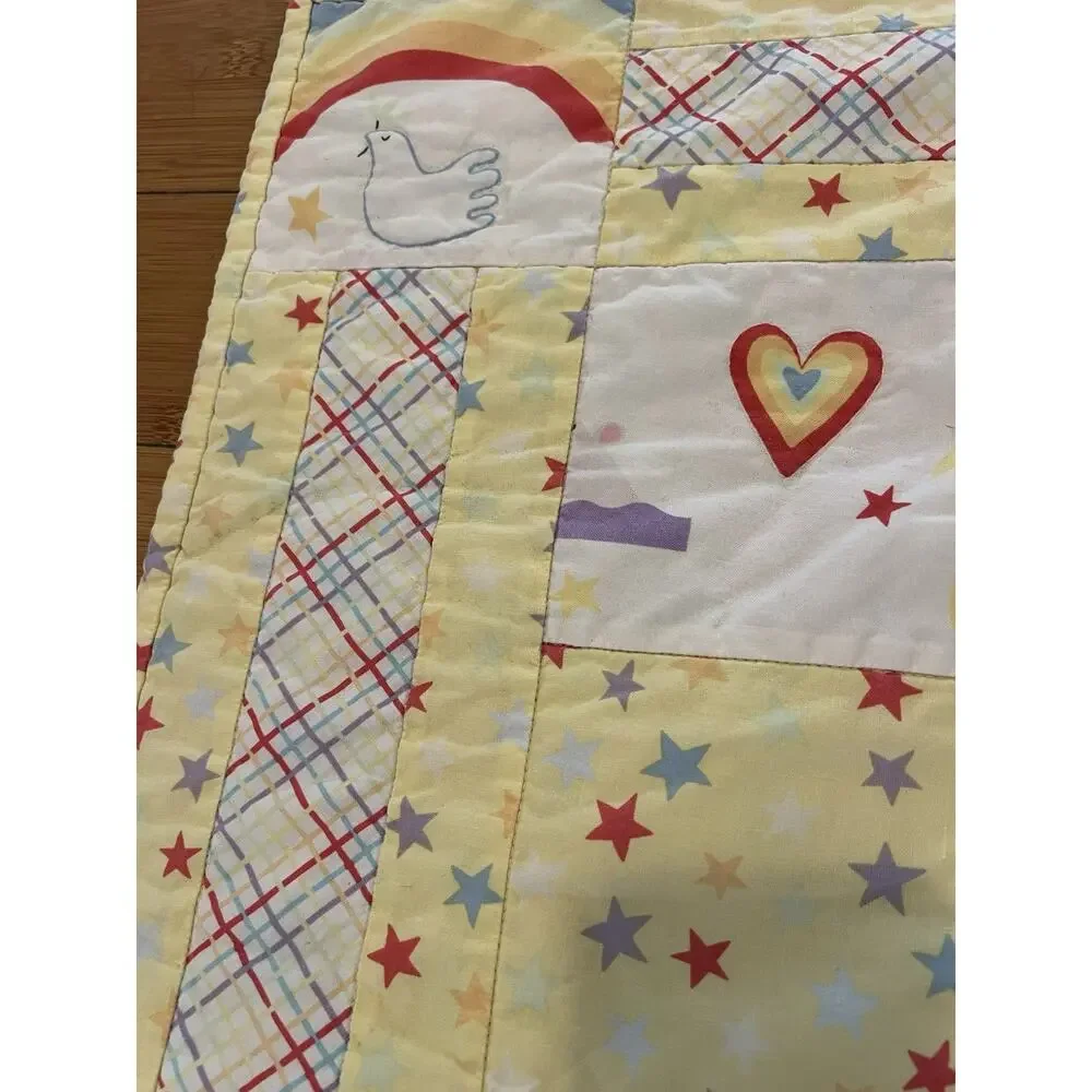 Vintage Handmade Childs Baby Quilt Rainbows Hearts Love Animal Patch Works Cotto